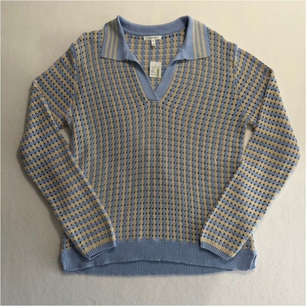 Maurices Open Knit Collared Top Blue Beige Women's Medium
